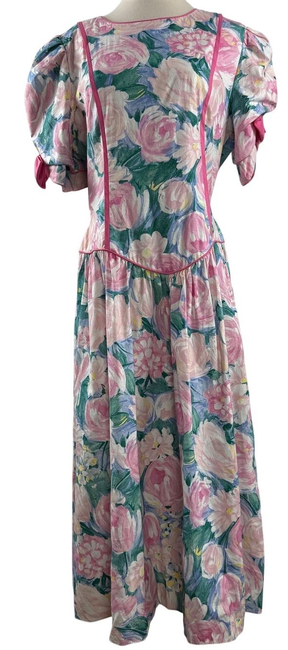 Vintage 1980s Lisa II Floral Cotton Midi Dress Size 14 Union Made USA